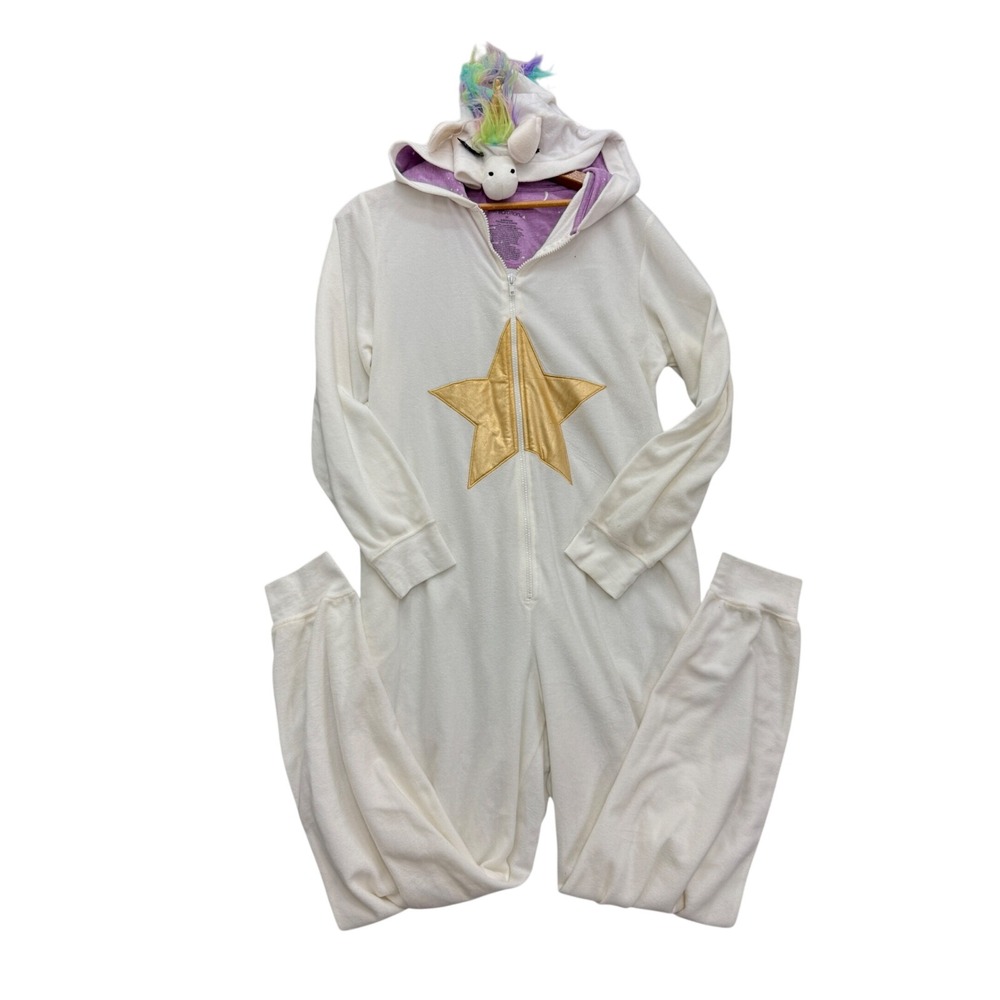 Xhilaration Unicorn Jumpsuit Women M White Gold Star Rainbow Fleece Pajamas